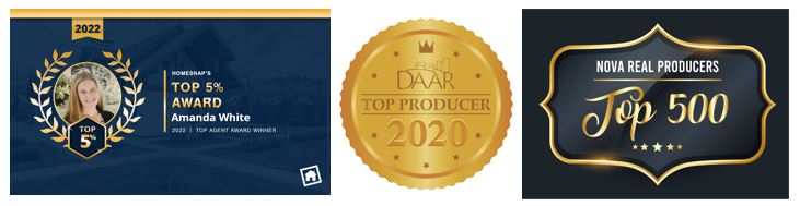 Award badges for Amanda White: HomeSnap Top 5% Agent, DAAR Top Producer, and NOVA Real Producers Top 500
